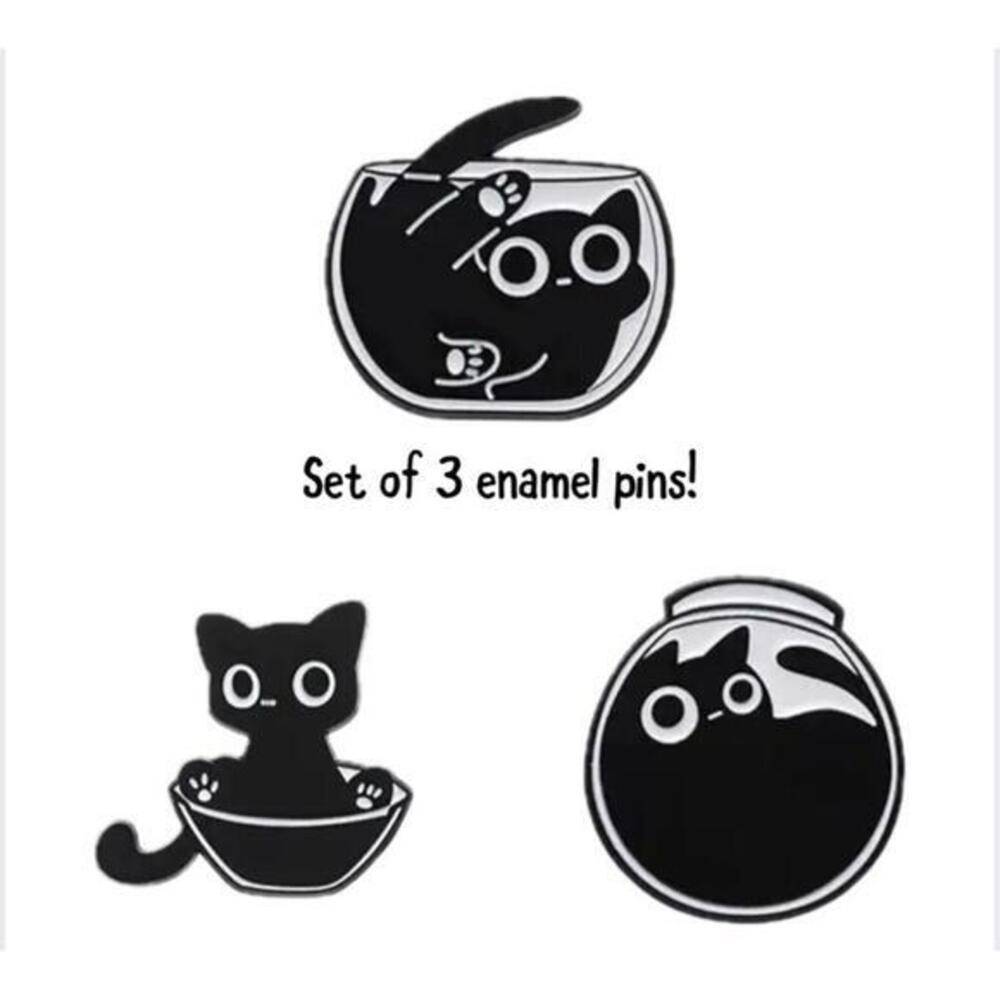 Pin SET of 3, Black Cat In Jar Bowl Fishbowl Kawaii Cute Lapel Pins Kitty Cats